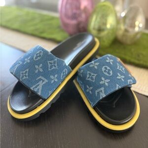 Blue Denim Monogram Slide Sandals with Yellow Trim
